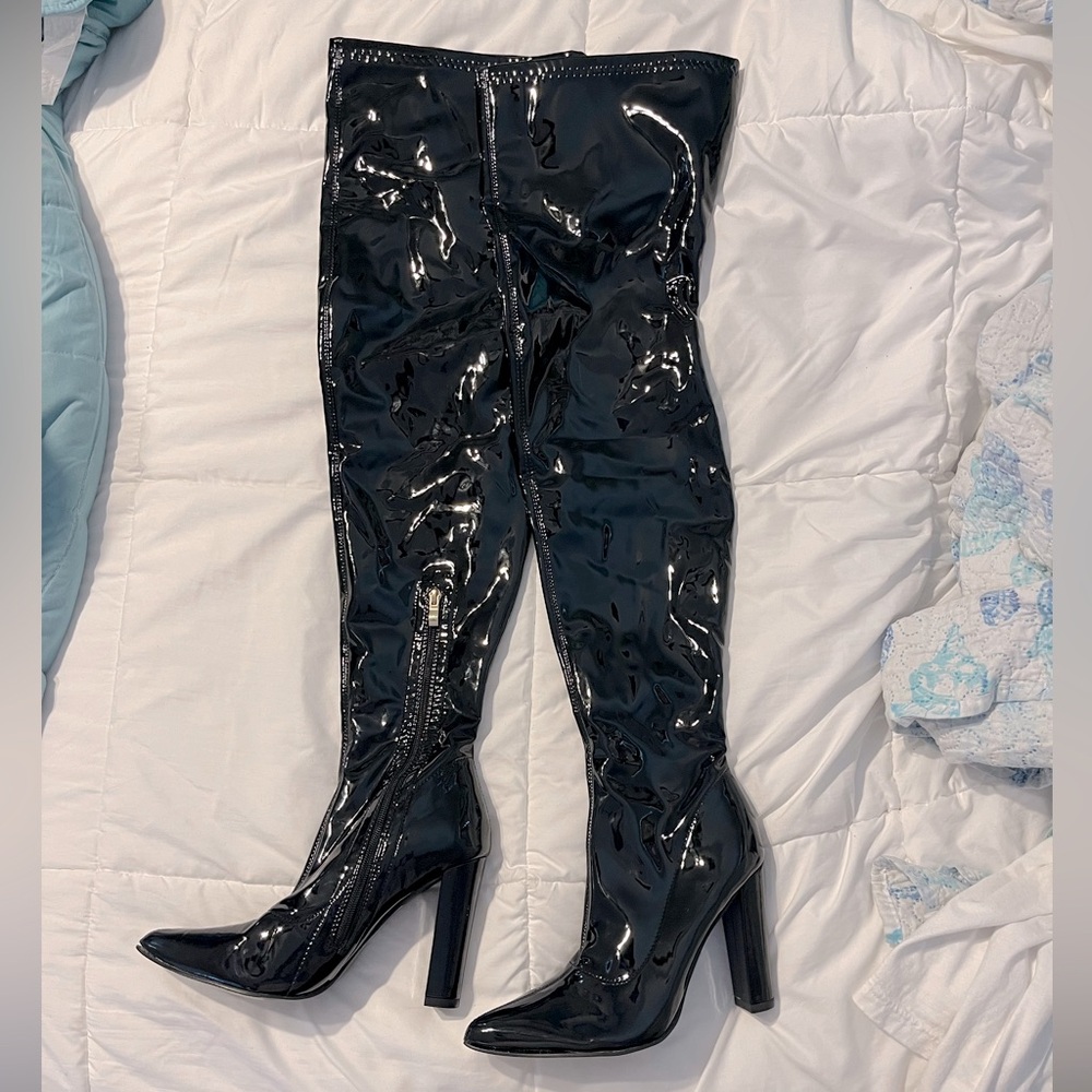 WSKEISP Women’s Black Patent Leather Knee High Heeled Boots size 8
